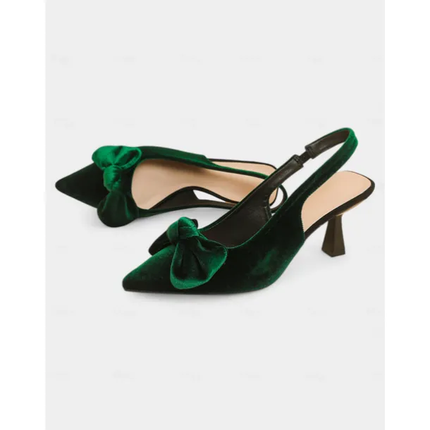 Women's Blue Velvet Pointed Toe Slingback Heels with Bow – Elegant High Heels for Formal Events and Parties