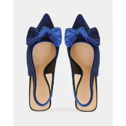 Women's Blue Velvet Pointed Toe Slingback Heels with Bow – Elegant High Heels for Formal Events and Parties
