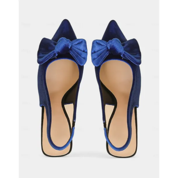 Women's Blue Velvet Pointed Toe Slingback Heels with Bow – Elegant High Heels for Formal Events and Parties