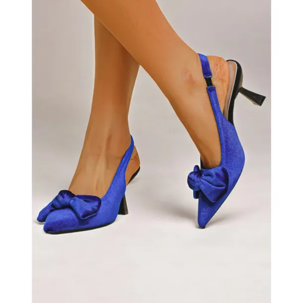 Women's Blue Velvet Pointed Toe Slingback Heels with Bow – Elegant High Heels for Formal Events and Parties