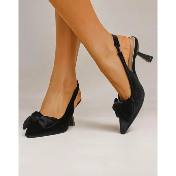 Women's Blue Velvet Pointed Toe Slingback Heels with Bow – Elegant High Heels for Formal Events and Parties