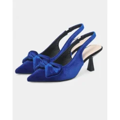 Women's Blue Velvet Pointed Toe Slingback Heels with Bow – Elegant High Heels for Formal Events and Parties