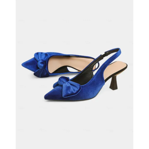 Women's Blue Velvet Pointed Toe Slingback Heels with Bow – Elegant High Heels for Formal Events and Parties