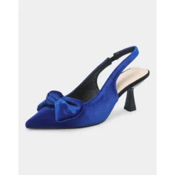 Women's Blue Velvet Pointed Toe Slingback Heels with Bow – Elegant High Heels for Formal Events and Parties