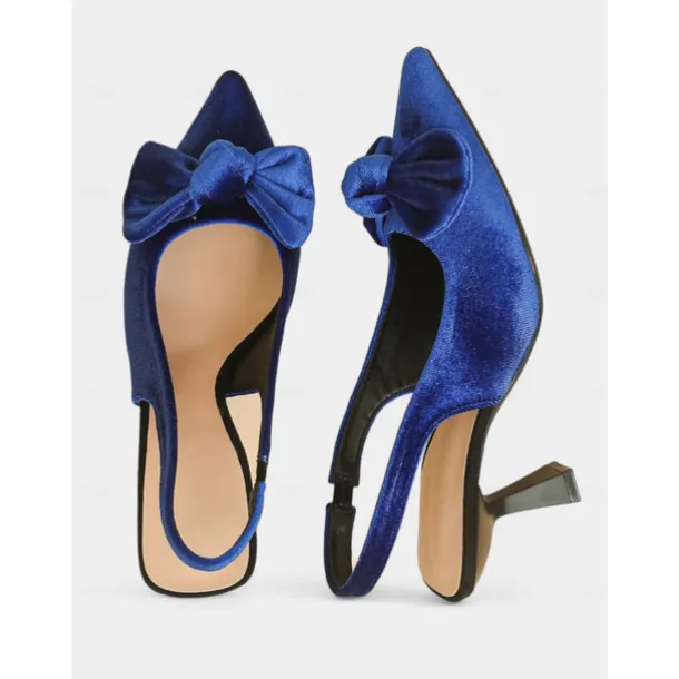 Women's Blue Velvet Pointed Toe Slingback Heels with Bow – Elegant High Heels for Formal Events and Parties