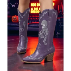 Women's Blue Western Cowboy Boots with Pink Skeleton Embroidery - Gothic Halloween Costume Mid-Calf Boots with Chunky Heel for Cosplay, Concerts, and Rock Festivals