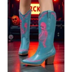 Women's Blue Western Cowboy Boots with Pink Skeleton Embroidery - Gothic Halloween Costume Mid-Calf Boots with Chunky Heel for Cosplay, Concerts, and Rock Festivals