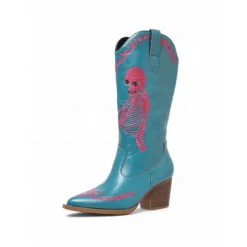 Women's Blue Western Cowboy Boots with Pink Skeleton Embroidery - Gothic Halloween Costume Mid-Calf Boots with Chunky Heel for Cosplay, Concerts, and Rock Festivals