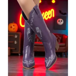 Women's Blue Western Cowboy Boots with Pink Skeleton Embroidery - Gothic Halloween Costume Mid-Calf Boots with Chunky Heel for Cosplay, Concerts, and Rock Festivals
