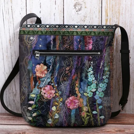 Women's Bohemian Floral Embroidered Crossbody Bag, Artistic Handmade Shoulder Bag with Colorful Flower Design, Perfect for Casual and Festival Wear