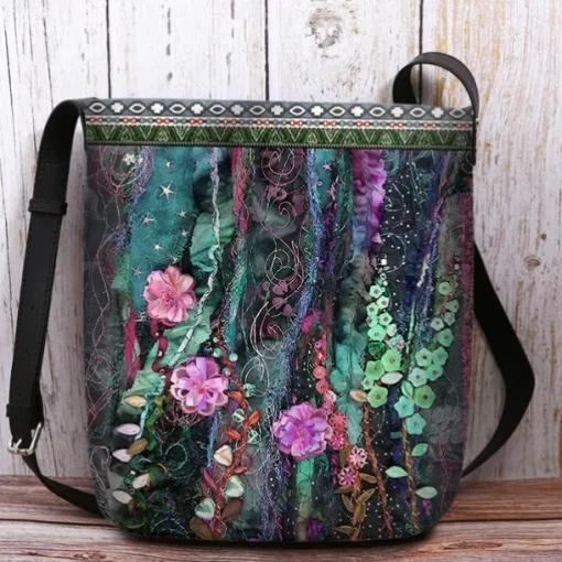 Women's Bohemian Floral Embroidered Crossbody Bag, Artistic Handmade Shoulder Bag with Colorful Flower Design, Perfect for Casual and Festival Wear