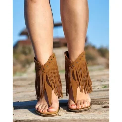 Women's Boho - Style Brown Fringe Ankle Sandals – Trendy and Flowy Footwear for Music Festivals, Beach Walks and Casual Outdoor Gatherings