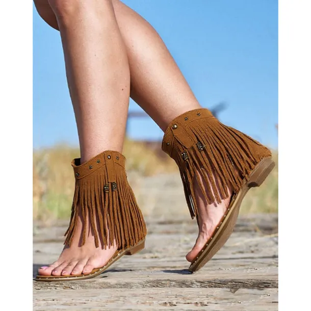 Women's Boho - Style Brown Fringe Ankle Sandals – Trendy and Flowy Footwear for Music Festivals, Beach Walks and Casual Outdoor Gatherings