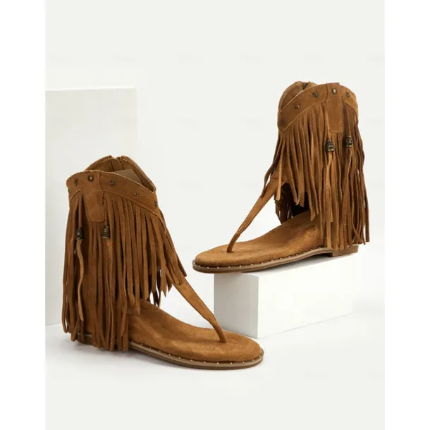 Women's Boho - Style Brown Fringe Ankle Sandals – Trendy and Flowy Footwear for Music Festivals, Beach Walks and Casual Outdoor Gatherings