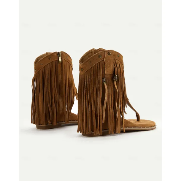 Women's Boho - Style Brown Fringe Ankle Sandals – Trendy and Flowy Footwear for Music Festivals, Beach Walks and Casual Outdoor Gatherings