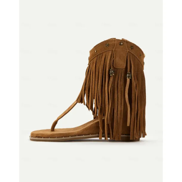 Women's Boho - Style Brown Fringe Ankle Sandals – Trendy and Flowy Footwear for Music Festivals, Beach Walks and Casual Outdoor Gatherings