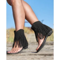 Women's Boho - Style Brown Fringe Ankle Sandals – Trendy and Flowy Footwear for Music Festivals, Beach Walks and Casual Outdoor Gatherings