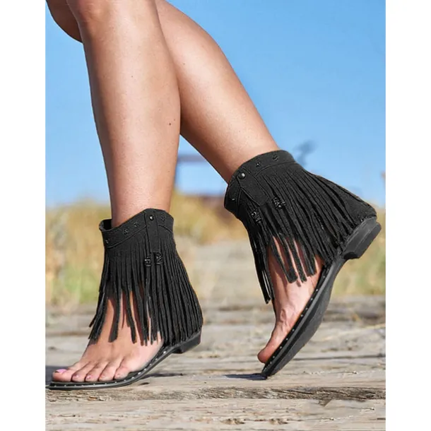 Women's Boho - Style Brown Fringe Ankle Sandals – Trendy and Flowy Footwear for Music Festivals, Beach Walks and Casual Outdoor Gatherings