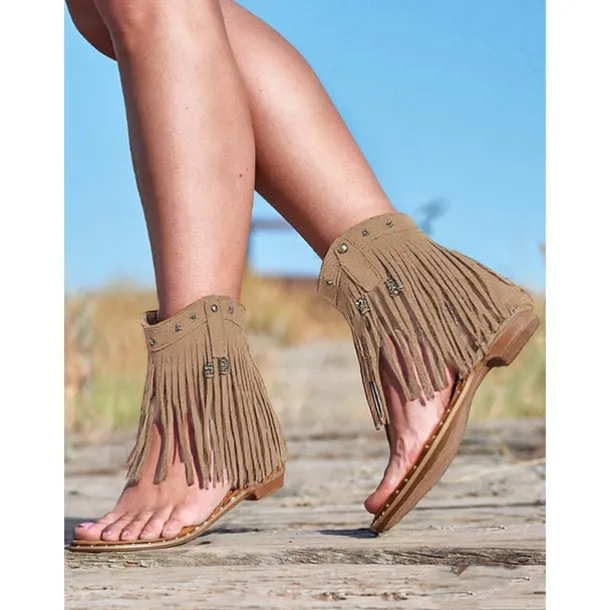 Women's Boho - Style Brown Fringe Ankle Sandals – Trendy and Flowy Footwear for Music Festivals, Beach Walks and Casual Outdoor Gatherings