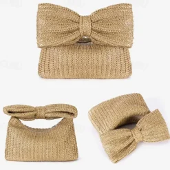 Women's Boho Chic Straw Clutch with Large Bow Detail - Perfect Summer Accessory