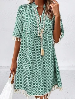 Women's Boho Dress Beach Dress Beach Wear Long Dress Maxi Dress Tassel Fringe Print Fashion Casual Geometric V Neck Half Sleeve Standard Fit Daily Vacation Blue Mint Green 2023 Summer Spring S M L XL