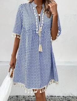 Women's Boho Dress Beach Dress Beach Wear Long Dress Maxi Dress Tassel Fringe Print Fashion Casual Geometric V Neck Half Sleeve Standard Fit Daily Vacation Blue Mint Green 2023 Summer Spring S M L XL