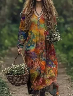 Women's Boho Dress Floral V Neck Maxi Dress Vintage Dress Print Dress Fashion Modern Summer Spring