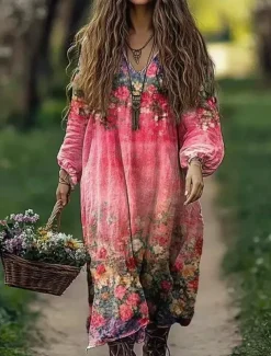 Women's Boho Dress Floral V Neck Maxi Dress Vintage Dress Print Dress Fashion Modern Summer Spring