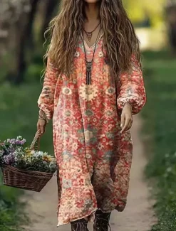 Women's Boho Dress Floral V Neck Maxi Dress Vintage Dress Print Dress Fashion Modern Summer Spring