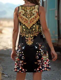 Women's Boho Dress Western Dress Vintage Mini Dress A Line Dress Summer Dress Off The Shoulder Dress Vacation Casual Holiday Regular Fit Ombre Graphic Abstract Sleeveless U Neck Yellow Summer