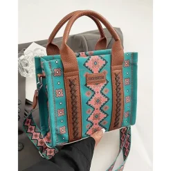 Women's Boho Ethnic Print Tote Bag – Vintage-Inspired Canvas Handbag with Leather Accents, Ideal for Casual Outings and Everyday Use