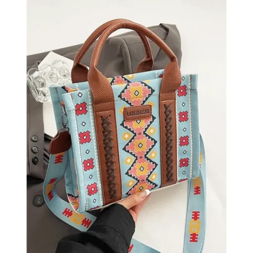 Women's Boho Ethnic Print Tote Bag – Vintage-Inspired Canvas Handbag with Leather Accents, Ideal for Casual Outings and Everyday Use