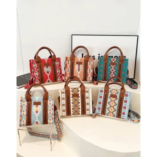Women's Boho Ethnic Print Tote Bag – Vintage-Inspired Canvas Handbag with Leather Accents, Ideal for Casual Outings and Everyday Use