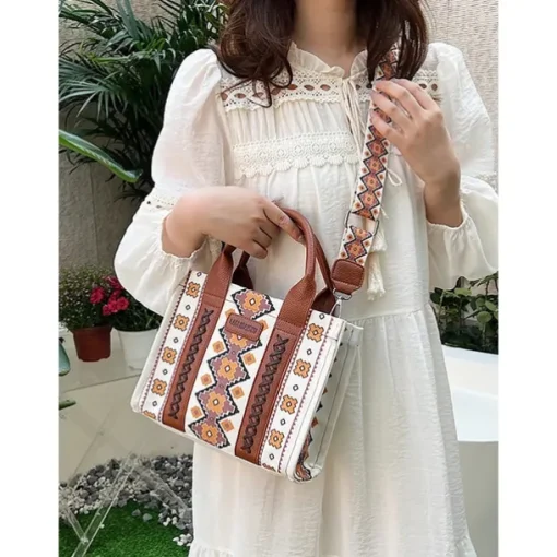 Women's Boho Ethnic Print Tote Bag – Vintage-Inspired Canvas Handbag with Leather Accents, Ideal for Casual Outings and Everyday Use