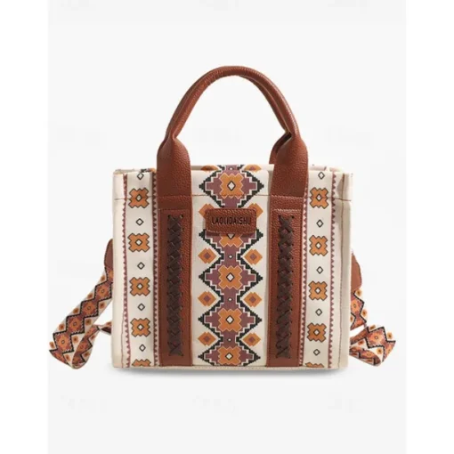 Women's Boho Ethnic Print Tote Bag – Vintage-Inspired Canvas Handbag with Leather Accents, Ideal for Casual Outings and Everyday Use