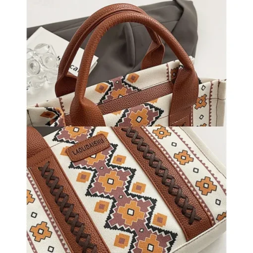 Women's Boho Ethnic Print Tote Bag – Vintage-Inspired Canvas Handbag with Leather Accents, Ideal for Casual Outings and Everyday Use