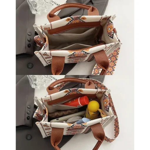 Women's Boho Ethnic Print Tote Bag – Vintage-Inspired Canvas Handbag with Leather Accents, Ideal for Casual Outings and Everyday Use