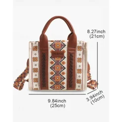 Women's Boho Ethnic Print Tote Bag – Vintage-Inspired Canvas Handbag with Leather Accents, Ideal for Casual Outings and Everyday Use