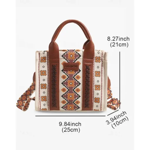 Women's Boho Ethnic Print Tote Bag – Vintage-Inspired Canvas Handbag with Leather Accents, Ideal for Casual Outings and Everyday Use