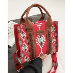 Women's Boho Ethnic Print Tote Bag – Vintage-Inspired Canvas Handbag with Leather Accents, Ideal for Casual Outings and Everyday Use