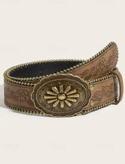 Women's Boho Floral Engraved Wide Leather Belt – Vintage Western Style with Antique Gold Flower Buckle, Adjustable Waistband for Dresses, Festivals and Daily Wear