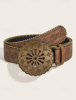 Women's Boho Floral Engraved Wide Leather Belt – Vintage Western Style with Antique Gold Flower Buckle, Adjustable Waistband for Dresses, Festivals and Daily Wear
