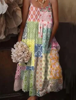 Women's Boho Maxi Dress Spaghetti Strap Patchwork Geometric Floral Prints Casual Beach Sundress Multicolored Free Size Spring Summer Apparel
