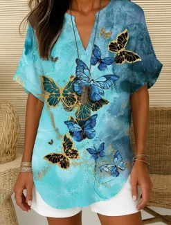 Women's Boho Shirt Graphic Bohemia Vintage Daily Sleeveless Short Sleeve V Neck Regular Tops Daily Holiday Semi Formal White Red Blue Green Beige Summer Spring