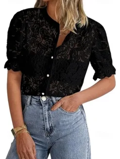 Women's Boho Shirt Lace Shirt Dressy Tops Lace Tops Solid Color Elegant Cute Hawaiian Short Sleeve Lantern Sleeve Crew Neck Regular Tops Daily Holiday Going out Lace Buttons Black White Light Green