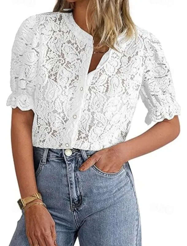 Women's Boho Shirt Lace Shirt Dressy Tops Lace Tops Solid Color Elegant Cute Hawaiian Short Sleeve Lantern Sleeve Crew Neck Regular Tops Daily Holiday Going out Lace Buttons Black White Light Green