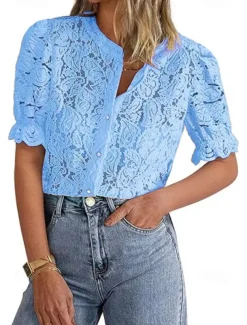 Women's Boho Shirt Lace Shirt Dressy Tops Lace Tops Solid Color Elegant Cute Hawaiian Short Sleeve Lantern Sleeve Crew Neck Regular Tops Daily Holiday Going out Lace Buttons Black White Light Green