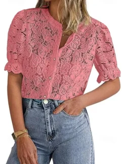 Women's Boho Shirt Lace Shirt Dressy Tops Lace Tops Solid Color Elegant Cute Hawaiian Short Sleeve Lantern Sleeve Crew Neck Regular Tops Daily Holiday Going out Lace Buttons Black White Light Green