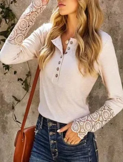 Women's Boho Shirt T Shirt Solid Color Ladies Long Sleeve Crew Neck Regular Tops Work Going out Eyelet Beige Spring Fall