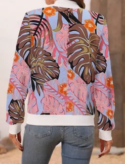 Women's Bomber Jacket Casual Jacket Comfortable Breathable Zipper Pocket Print Casual Floral Vacation Street Casual Daily Wear Zipper Short Stand Collar Regular Fit Long Sleeve Outerwear White Pink